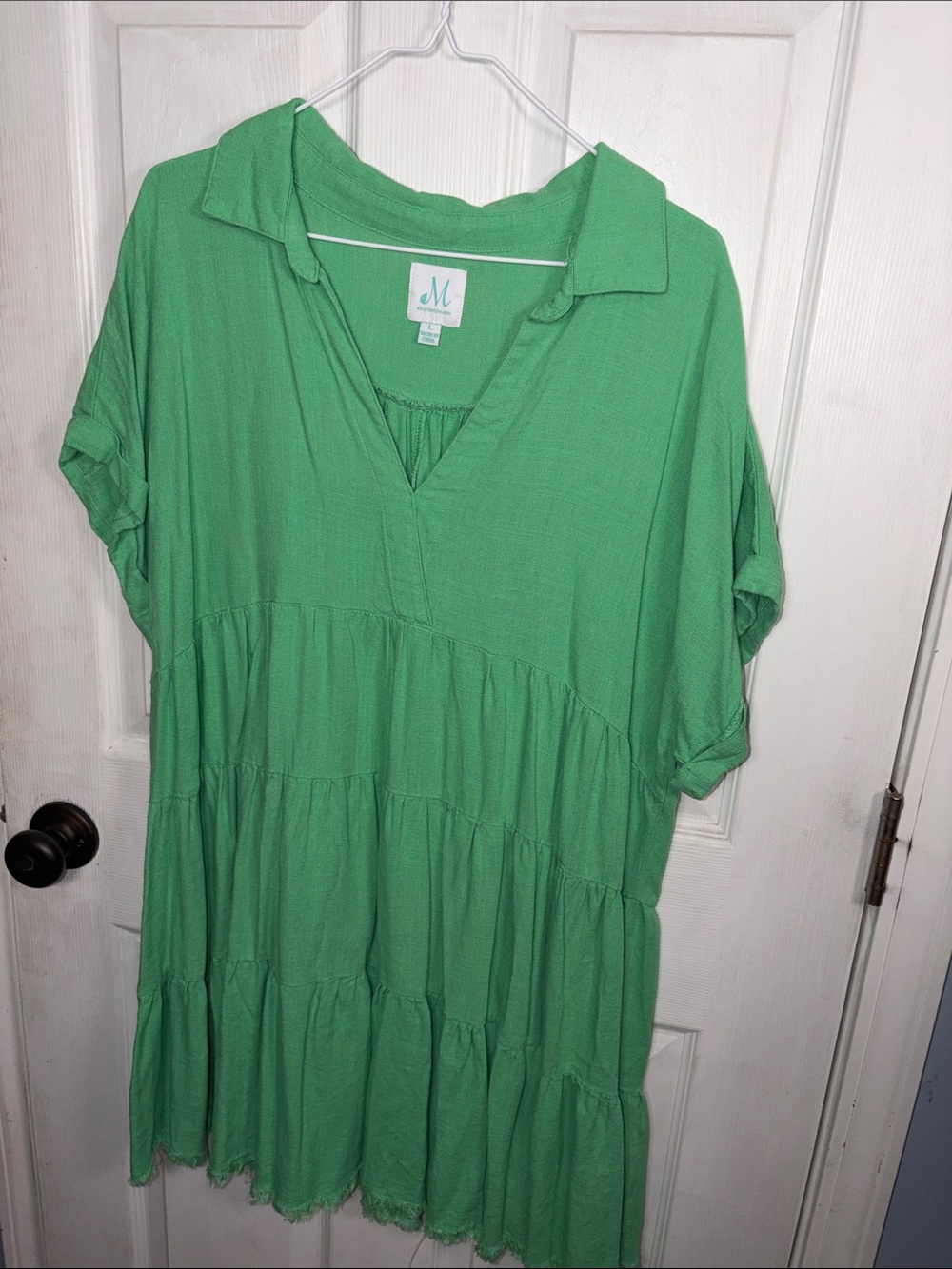 Moss Green Tiered V-Neck Collared Mini Dress